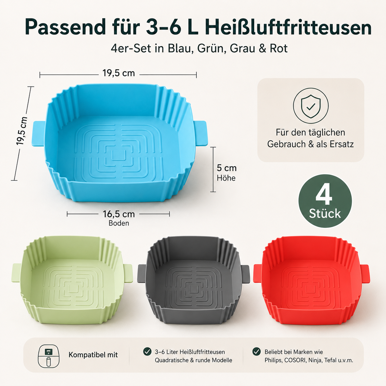AirFryClean™ – 4er-Set Silikon-Einsätze für Heißluftfritteusen | Sauber kochen & leichter reinigen