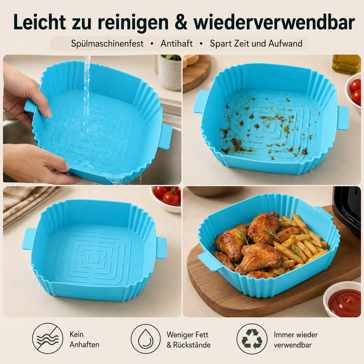AirFryClean™ – 4er-Set Silikon-Einsätze für Heißluftfritteusen | Sauber kochen & leichter reinigen