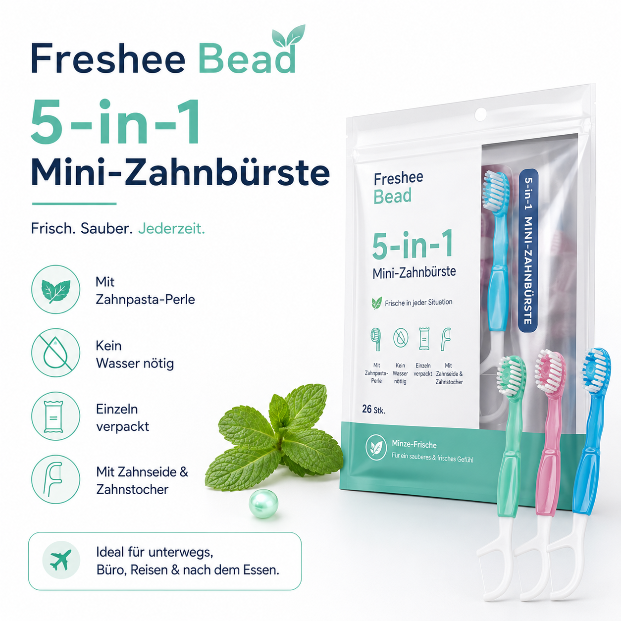 Freshee Bead™ – 5-in-1 Mini-Zahnbürste mit integrierter Zahnpasta-Perle