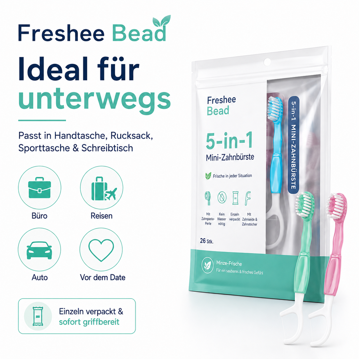 Freshee Bead™ – 5-in-1 Mini-Zahnbürste mit integrierter Zahnpasta-Perle
