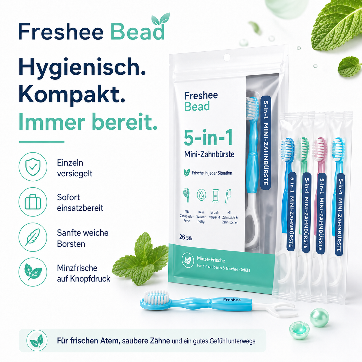 Freshee Bead™ – 5-in-1 Mini-Zahnbürste mit integrierter Zahnpasta-Perle