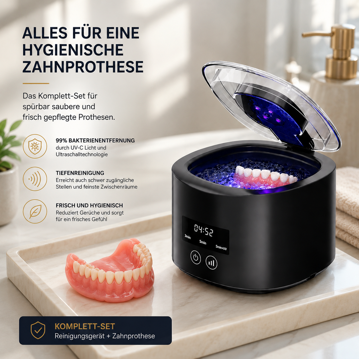Premium Zahnprothese – Optional mit Ultraschall-Reiniger für tägliche Tiefenpflege