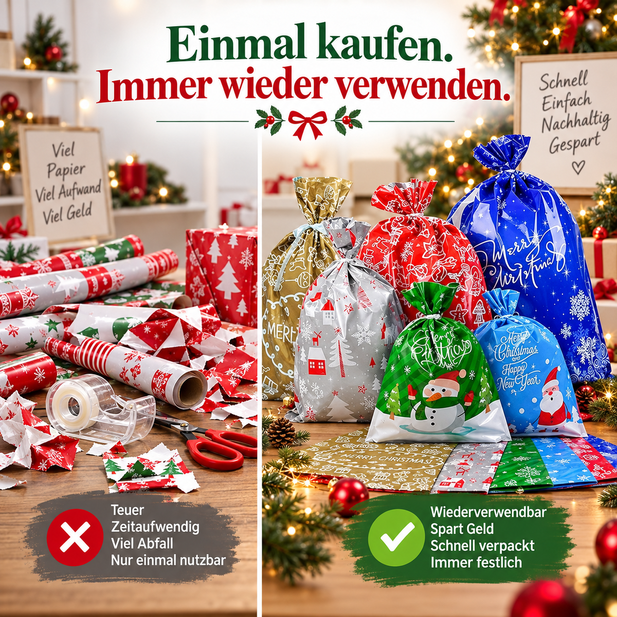 MerryWrap™ – Wiederverwendbare Weihnachtstüten mit Kordelzug im 20er-Set