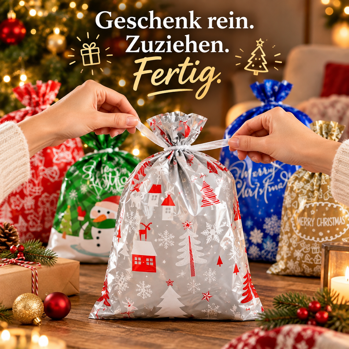 MerryWrap™ – Wiederverwendbare Weihnachtstüten mit Kordelzug im 20er-Set