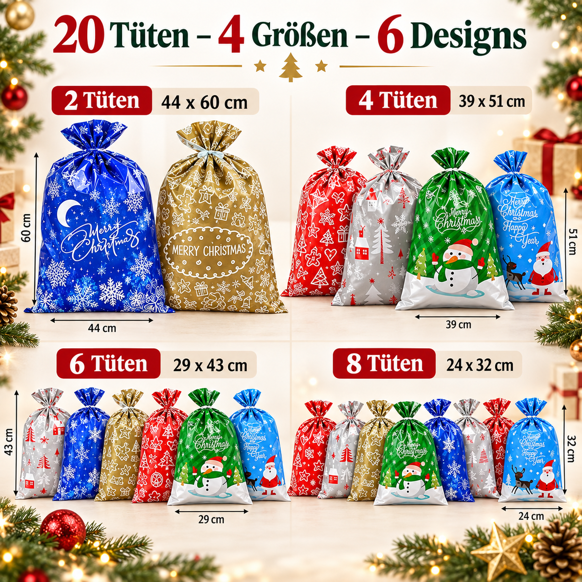 MerryWrap™ – Wiederverwendbare Weihnachtstüten mit Kordelzug im 20er-Set