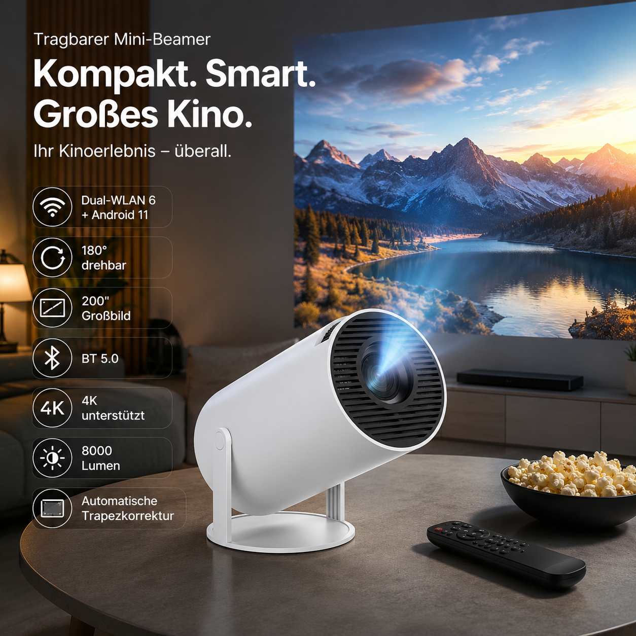 Tragbarer Mini-Beamer mit WLAN 6, Android 11 & 180° Drehfunktion