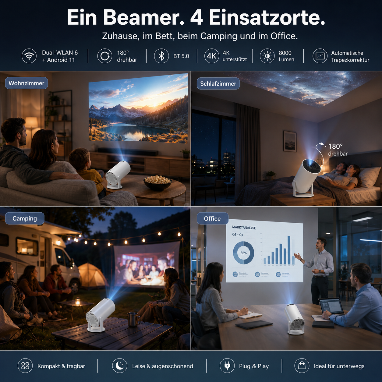 Tragbarer Mini-Beamer mit WLAN 6, Android 11 & 180° Drehfunktion