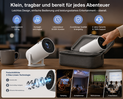 Tragbarer Mini-Beamer mit WLAN 6, Android 11 & 180° Drehfunktion