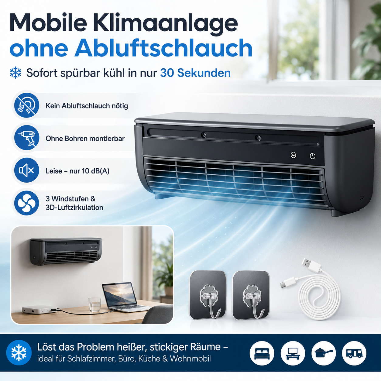 Mobile Klimaanlage ohne Abluftschlauch – kühle Erfrischung & Luftfilterung in nur 30 Sekunden | Letzter Tag Rabatt