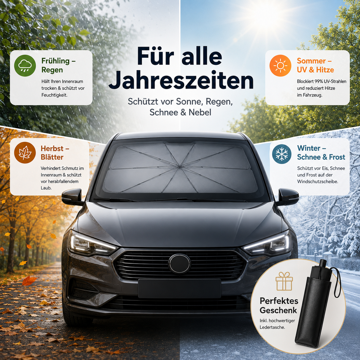 Nie wieder in ein überhitztes Auto einsteigen – Windschutzscheiben-Sonnenschirm für Auto, SUV & LKW