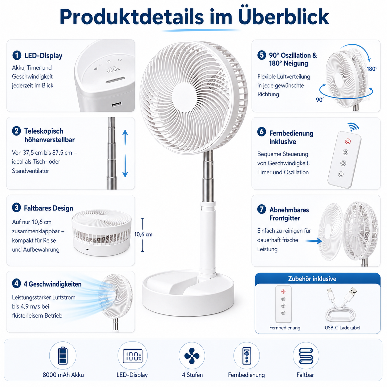 Faltbarer Akku-Ventilator mit Fernbedienung