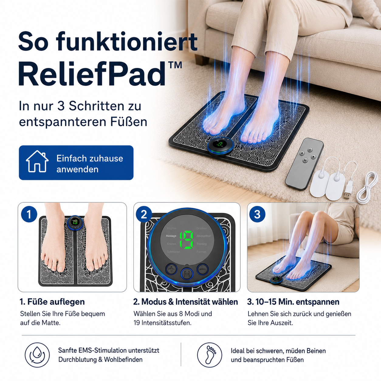 Letzter Tag -50% | ReliefPad™ – Unterstützt die Durchblutung bei Lymphstau, Krampfadern & müden Beinen