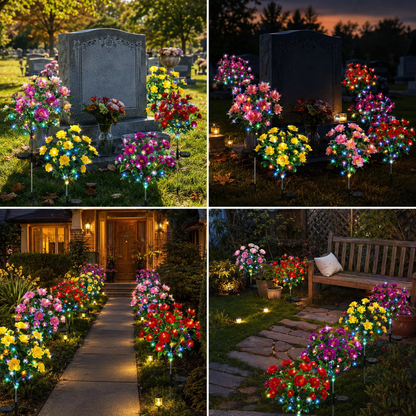 Gedenk-Gartenblumen mit Licht – Mit täuschend echten künstlichen Blütenblättern, solarbetrieben & wetterfest