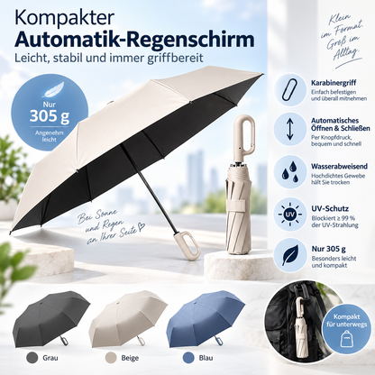 StormClip™ – Kompakter Automatik-Regenschirm mit Karabinergriff für Wind & Wetter