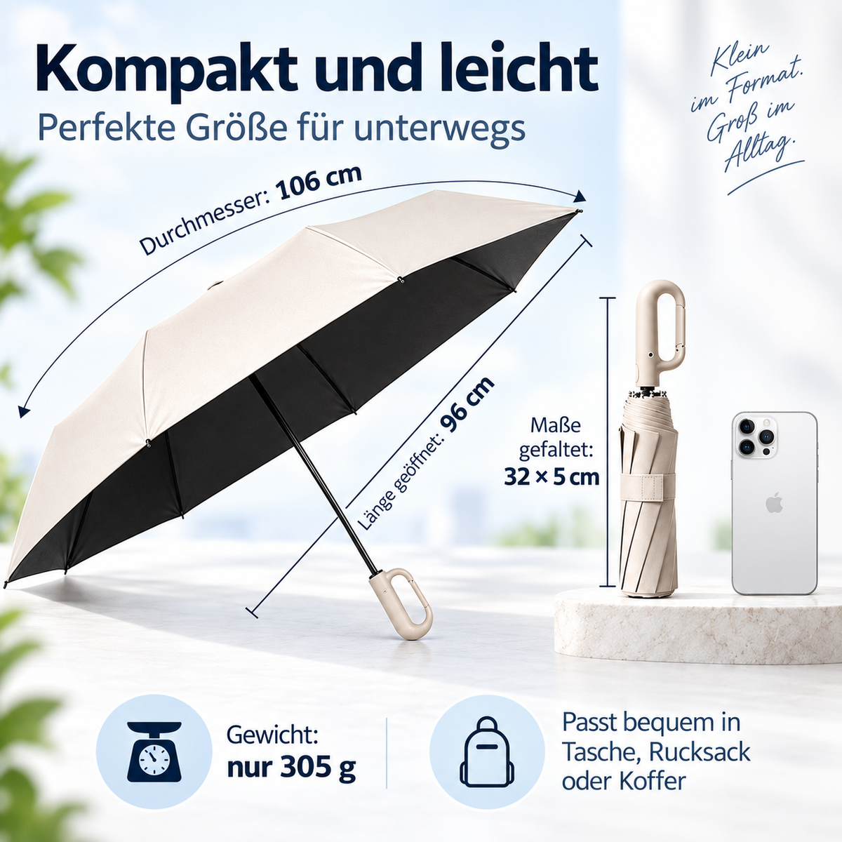 StormClip™ – Kompakter Automatik-Regenschirm mit Karabinergriff für Wind & Wetter