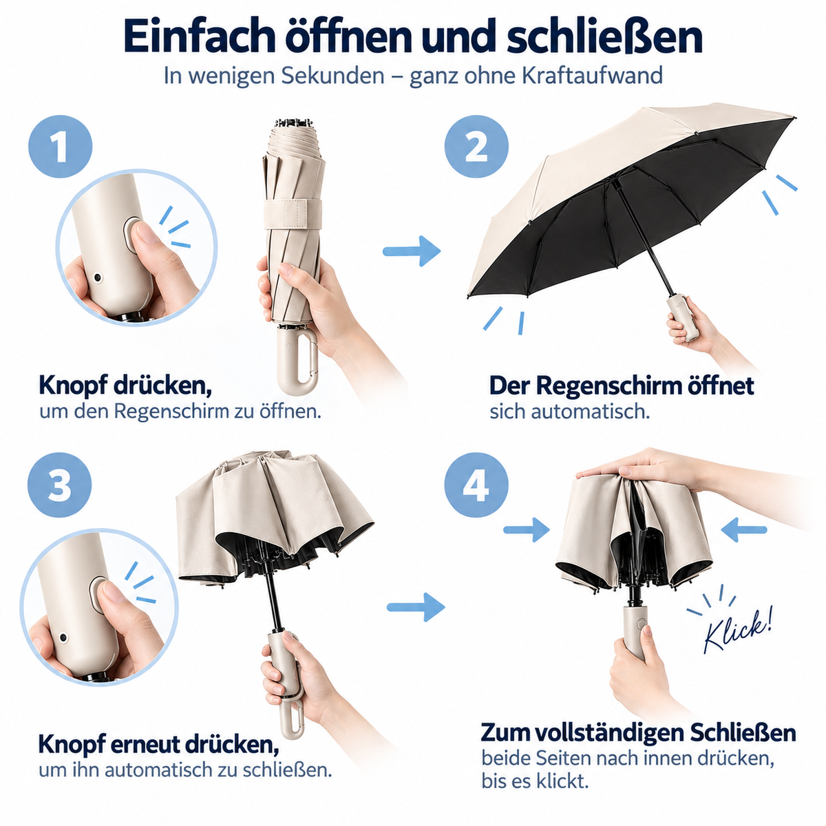 StormClip™ – Kompakter Automatik-Regenschirm mit Karabinergriff für Wind & Wetter