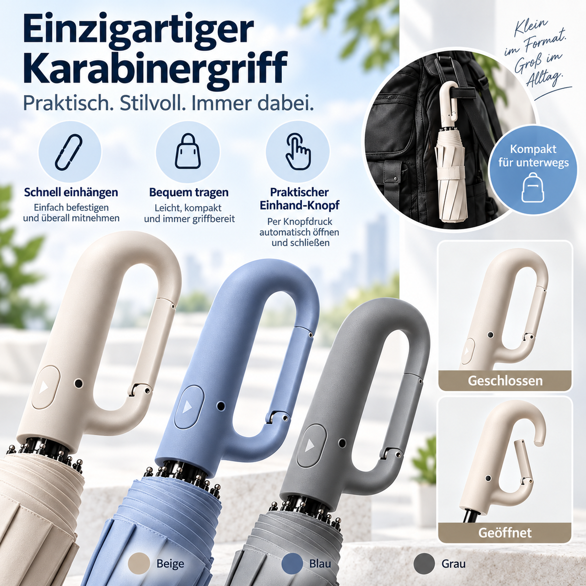 StormClip™ – Kompakter Automatik-Regenschirm mit Karabinergriff für Wind & Wetter