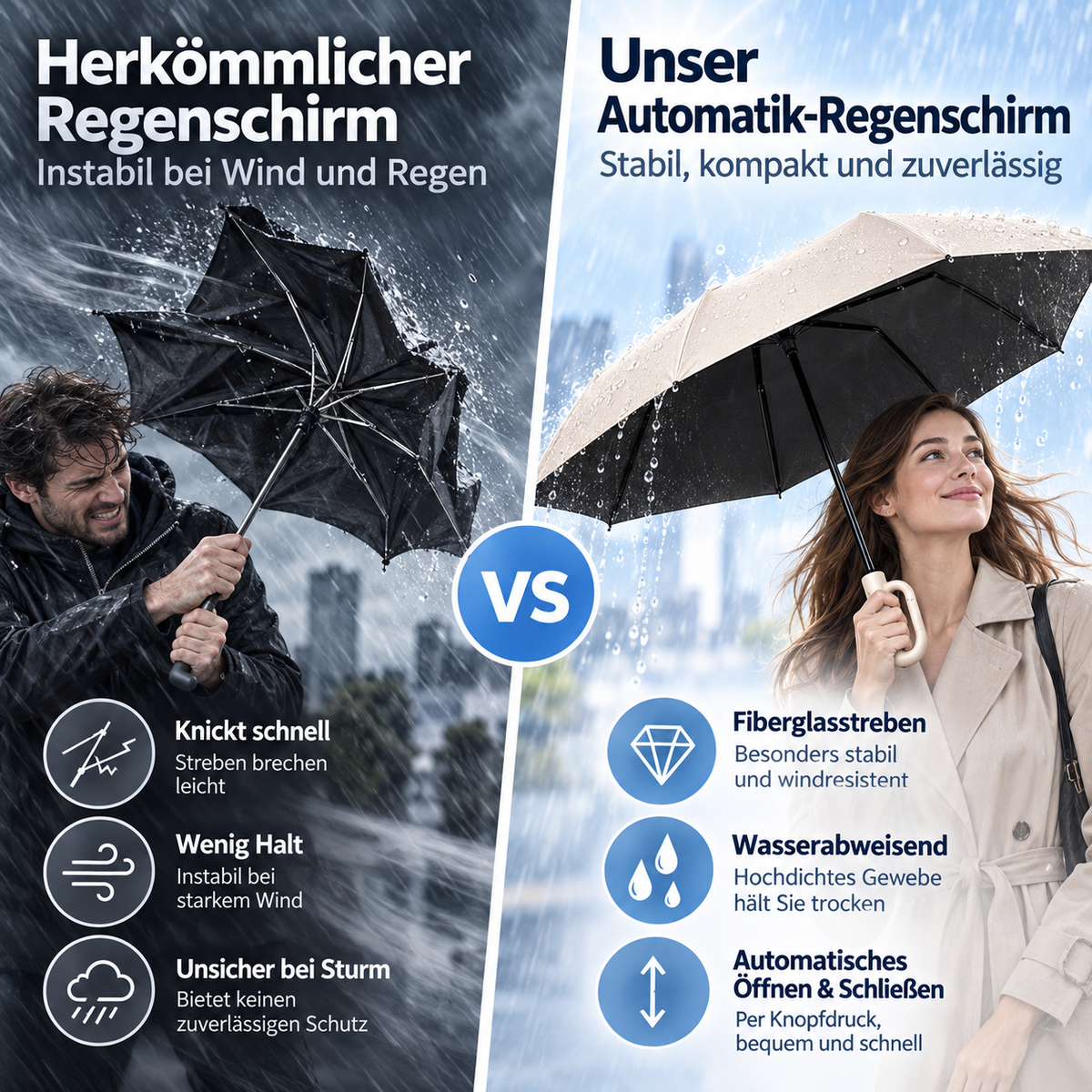 StormClip™ – Kompakter Automatik-Regenschirm mit Karabinergriff für Wind & Wetter