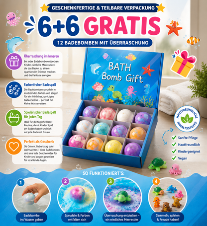 6+6 GRATIS | Badebomben für Kinder – 12 Sprudelnde Badekugeln mit Meerestier Überraschung