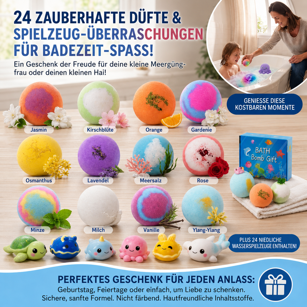 Badekugeln Kinder Set – 24 Badebomben mit Überraschung und Mega Schaum | Geschenkset für Kinder, Geburtstag & Feiertage