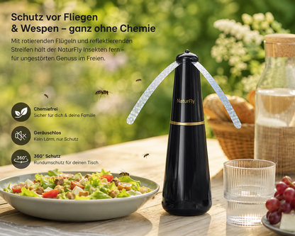 NaturFly | Fliegenabwehr-Ventilator | 360° Rotation | Geräuschlos & Tragbar