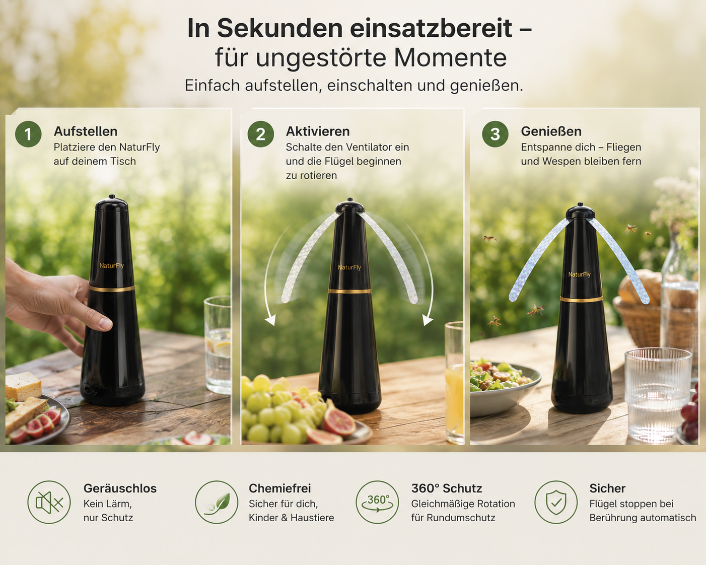 NaturFly | Fliegenabwehr-Ventilator | 360° Rotation | Geräuschlos & Tragbar