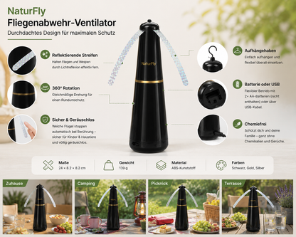 NaturFly | Fliegenabwehr-Ventilator | 360° Rotation | Geräuschlos & Tragbar