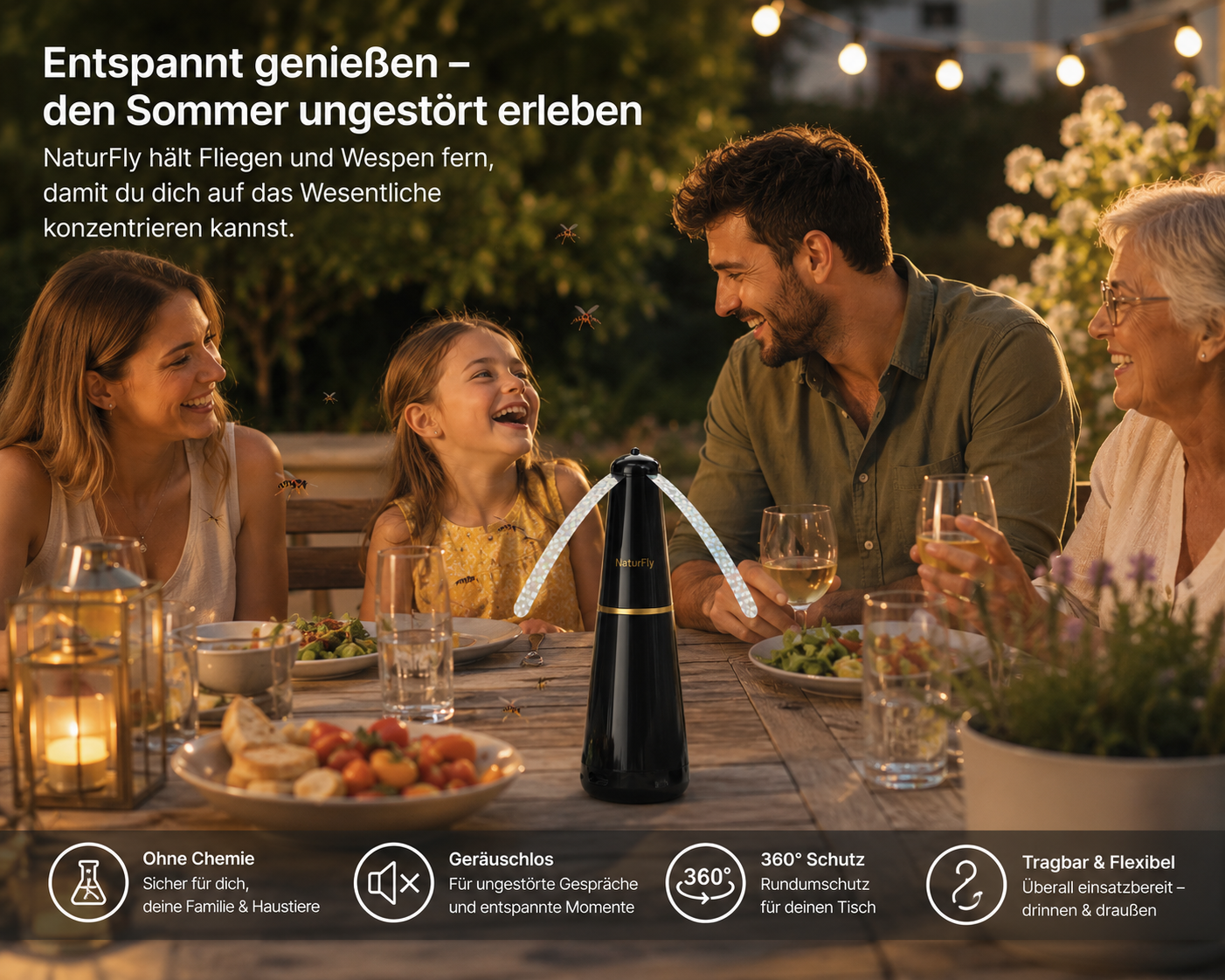 NaturFly | Fliegenabwehr-Ventilator | 360° Rotation | Geräuschlos & Tragbar