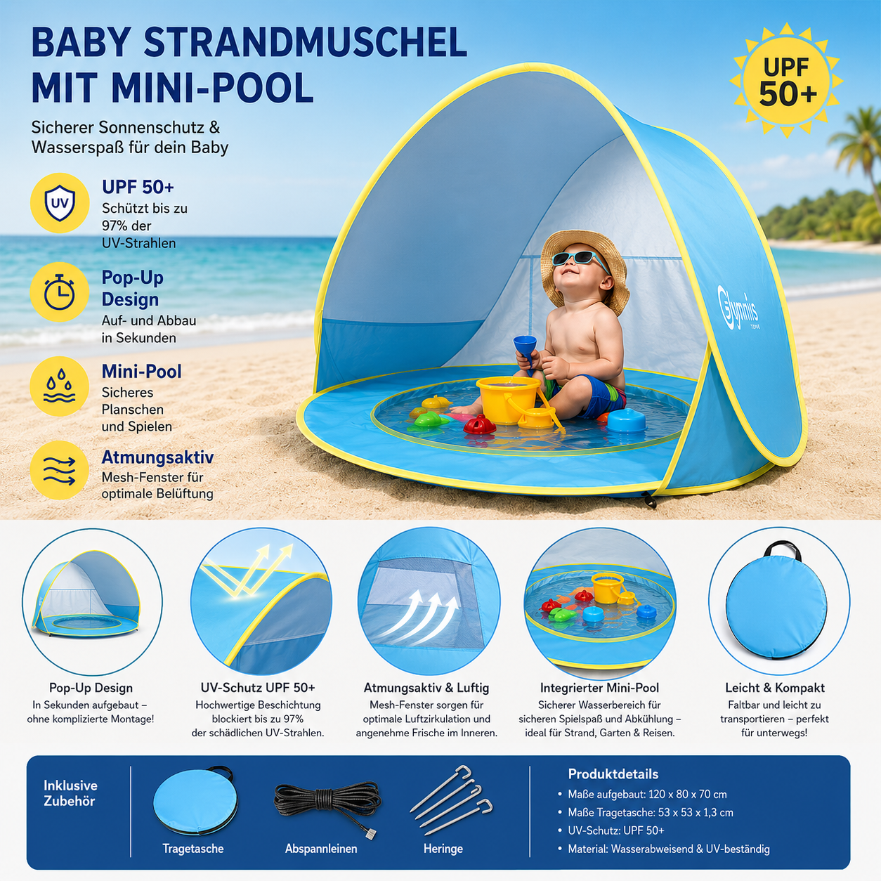 SunCove™ | Pop-Up Strandzelt – 1 Sekunde aufgebaut, mit integriertem Kinderpool, 98% UV-Schutz & ultraleicht