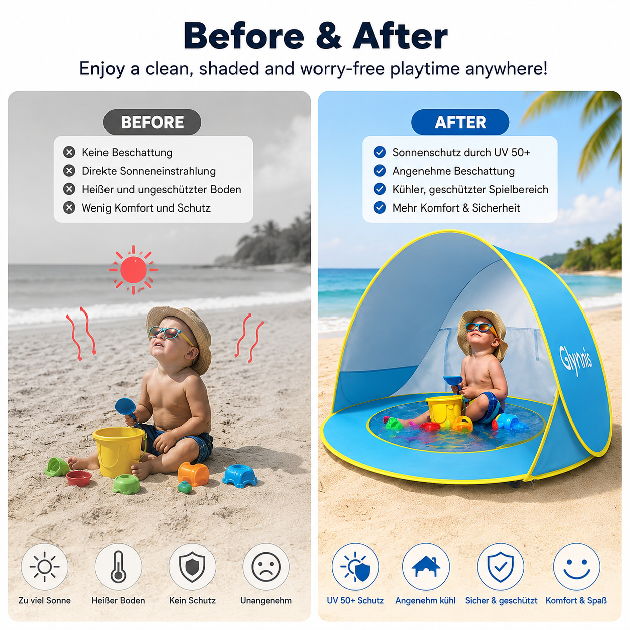 SunCove™ | Pop-Up Strandzelt – 1 Sekunde aufgebaut, mit integriertem Kinderpool, 98% UV-Schutz & ultraleicht