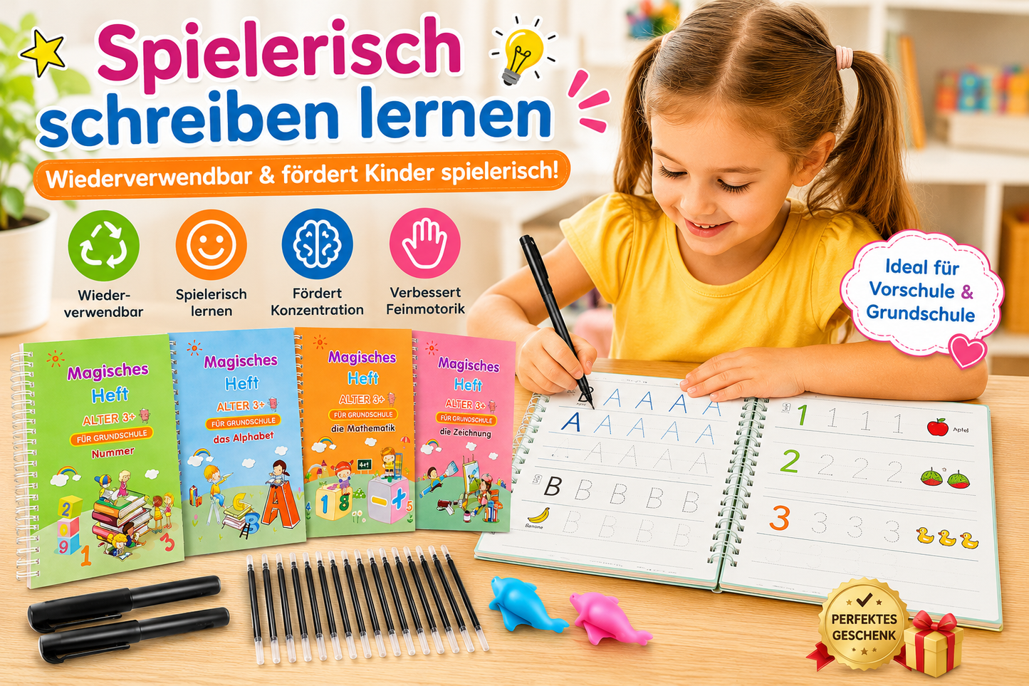 Wiederverwendbares Schreibheft 4er-Set für Buchstaben, Zahlen, Mathe & Zeichnen [Letzter Tag Rabatt]