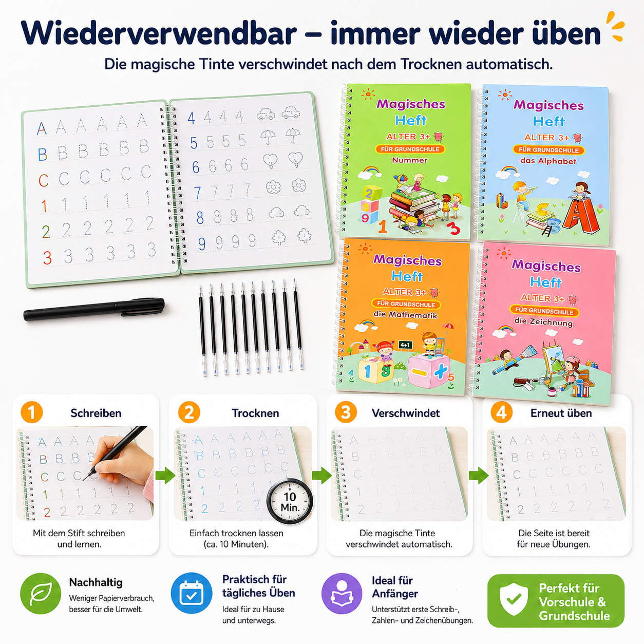 Wiederverwendbares Schreibheft 4er-Set für Buchstaben, Zahlen, Mathe & Zeichnen [Letzter Tag Rabatt]