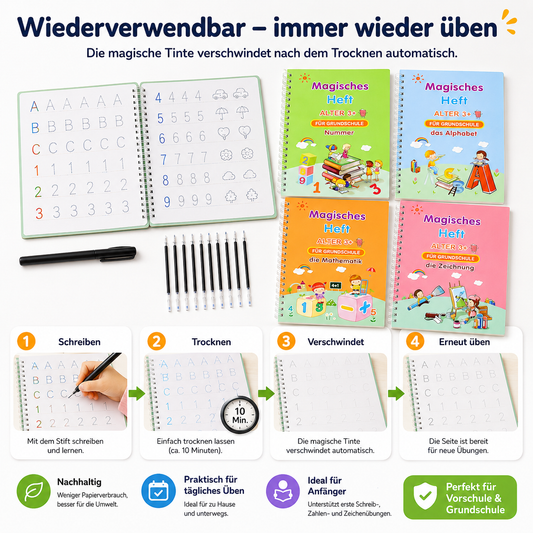 Wiederverwendbares Schreibheft 4er-Set für Buchstaben, Zahlen, Mathe & Zeichnen