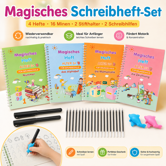 Wiederverwendbares Schreibheft 4er-Set für Buchstaben, Zahlen, Mathe & Zeichnen
