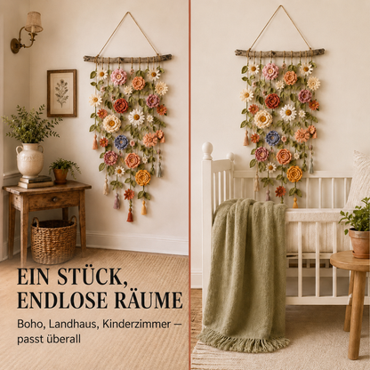 Bowerly – Handgefertigter gehäkelter Blumen-Wandbehang mit Ranken & Quasten | 70 % Rabatt
