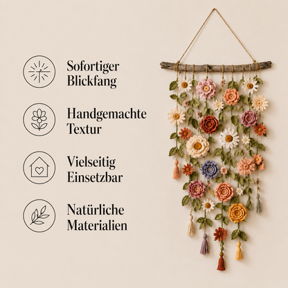 Bowerly – Handgefertigter gehäkelter Blumen-Wandbehang mit Ranken & Quasten | 70 % Rabatt