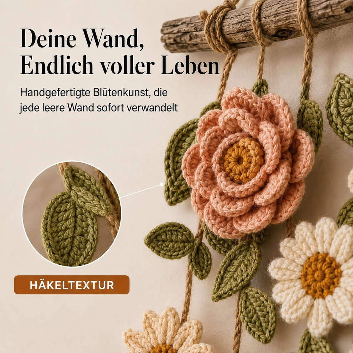 Bowerly – Handgefertigter gehäkelter Blumen-Wandbehang mit Ranken & Quasten | 70 % Rabatt
