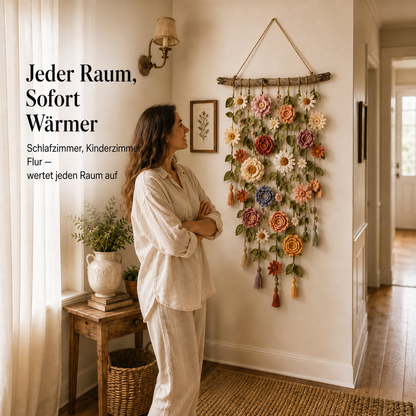Bowerly – Handgefertigter gehäkelter Blumen-Wandbehang mit Ranken & Quasten | 70 % Rabatt