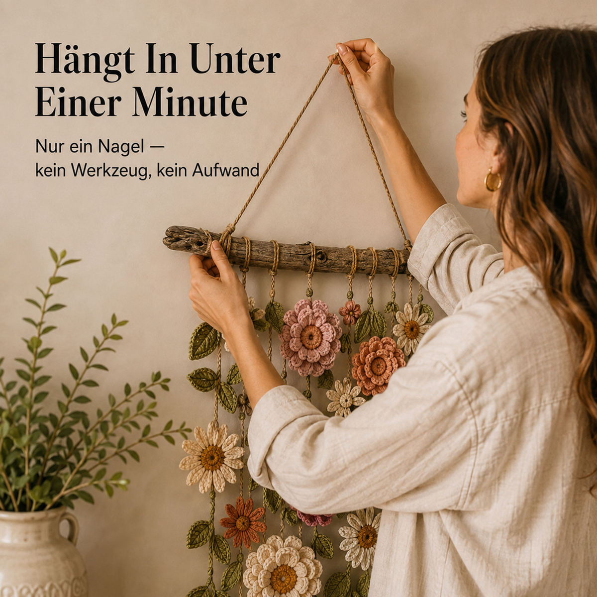Bowerly – Handgefertigter gehäkelter Blumen-Wandbehang mit Ranken & Quasten | 70 % Rabatt