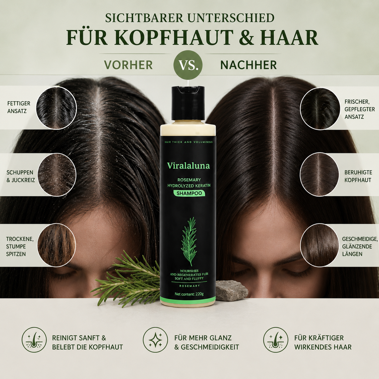 1+1 GRATIS | Viralaluna Rosmarin Shampoo für fettigen Ansatz, trockene Spitzen, Schuppen, Juckreiz & mehr Glanz