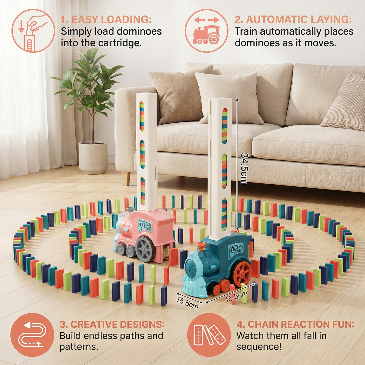 Dynamo Train Toy | Automatic Domino Placement, Colorful Design