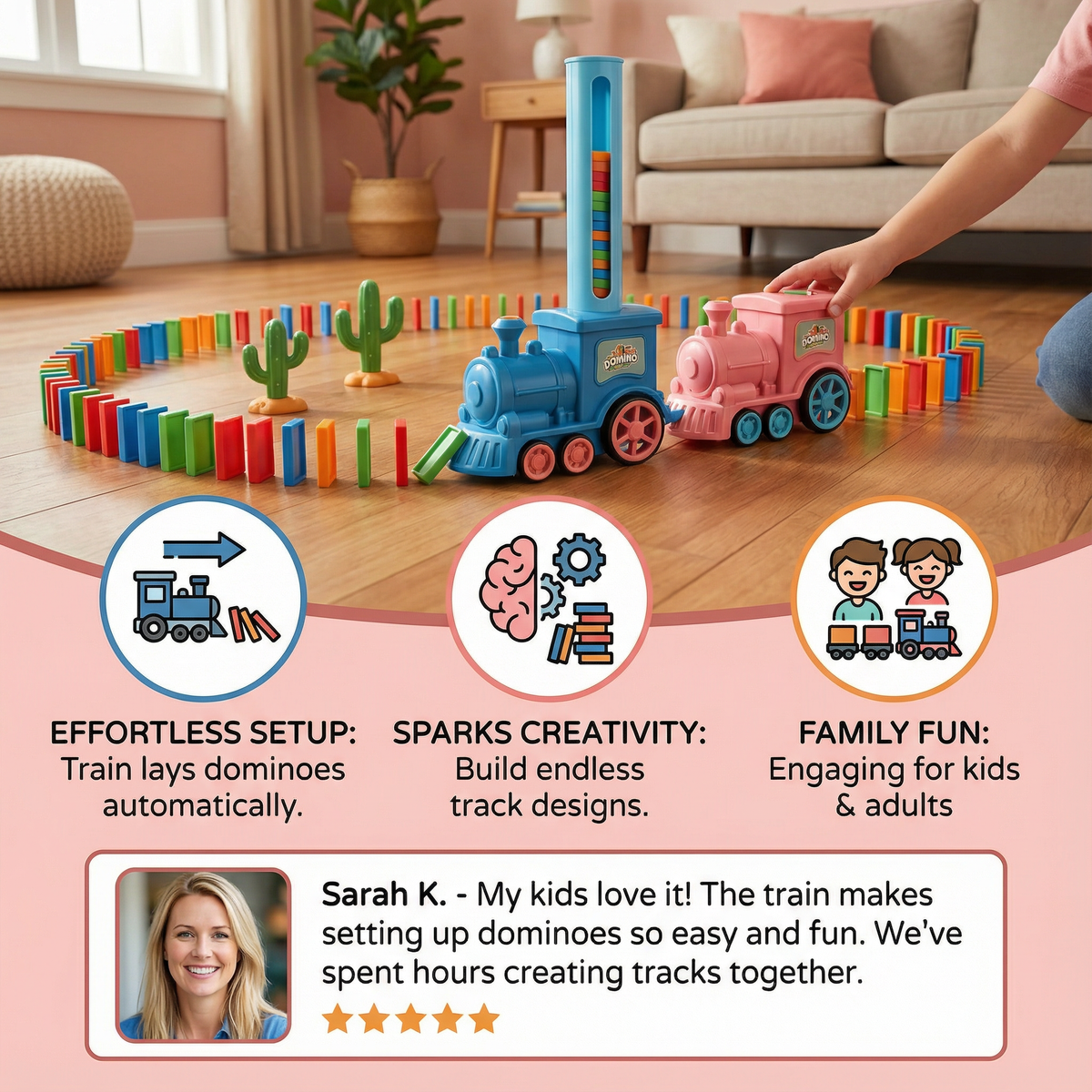 Dynamo Train Toy | Automatic Domino Placement, Colorful Design