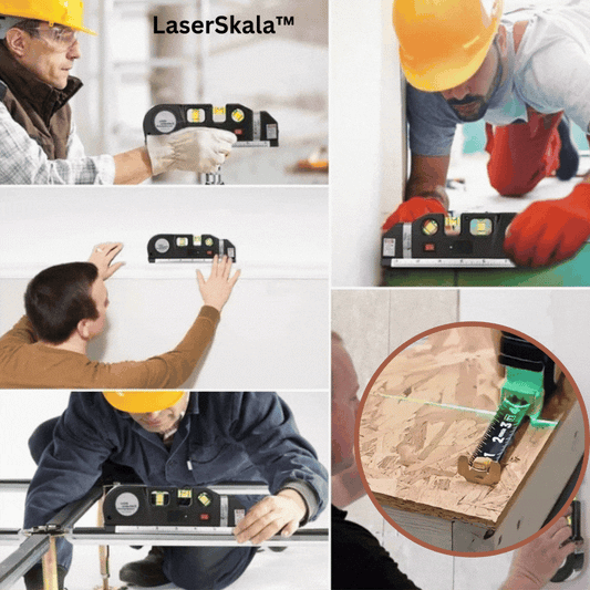 4-in-1 Laser-Messwerkzeug mit Maßband | 3-fach Wasserwaage + Blasenlicht | Laserlinie für exaktes Ausrichten, kompakt 17 cm