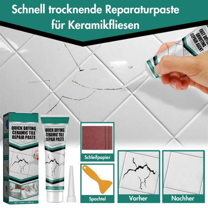 Fliesen Reparaturpaste 100 ml für Keramik & Porzellan | Fugenlos ausbessern in 10 Minuten | Inkl. Spachtel & Schleifpapier