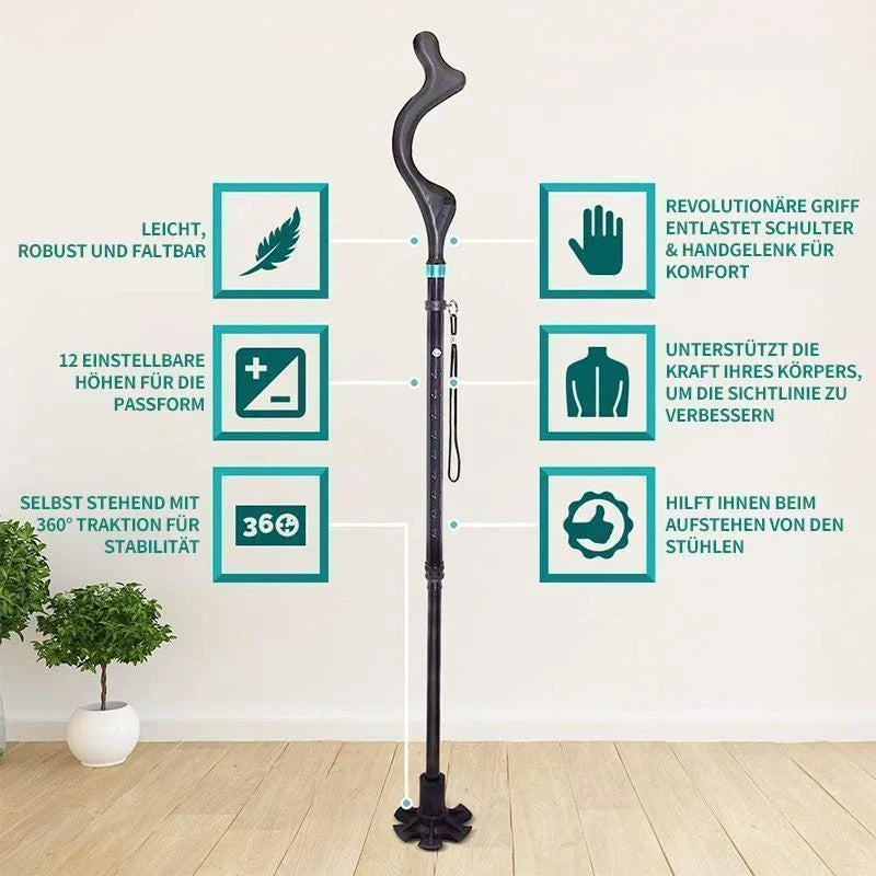 SteadyStep™ | Verstellbarer faltbarer Gehstock mit 360°-Standfuß