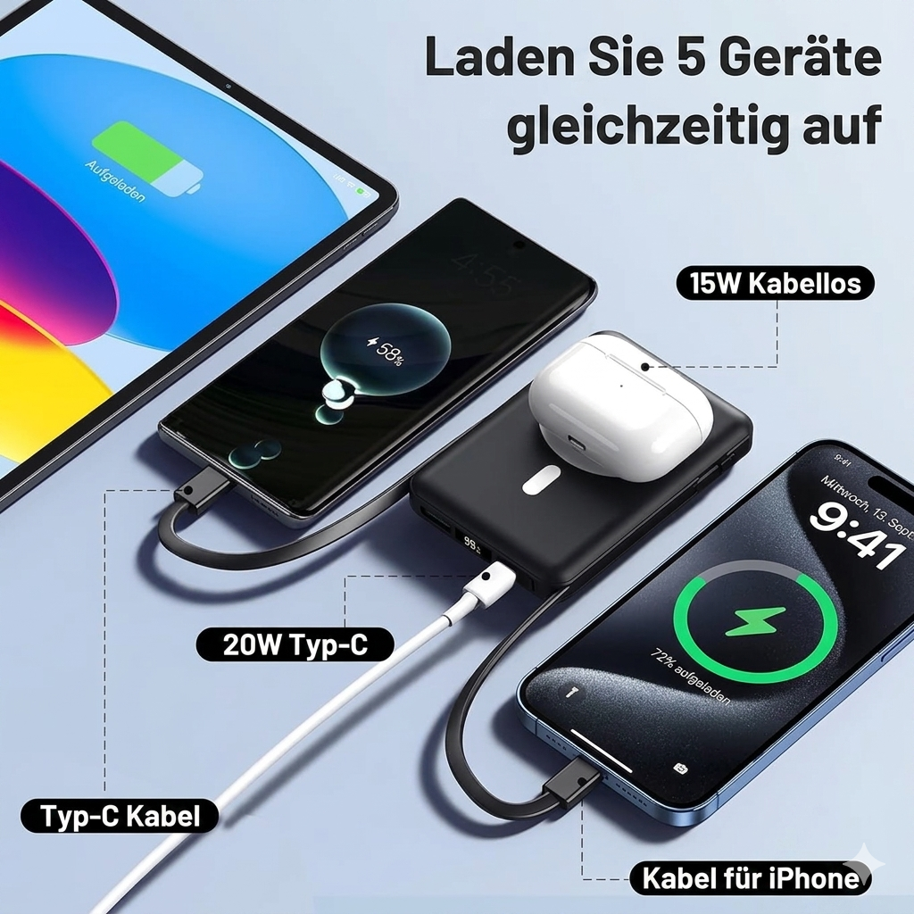 Magnetische Powerbank 10.000 mAh – Kabellos & Schnellladen, perfekt für unterwegs
