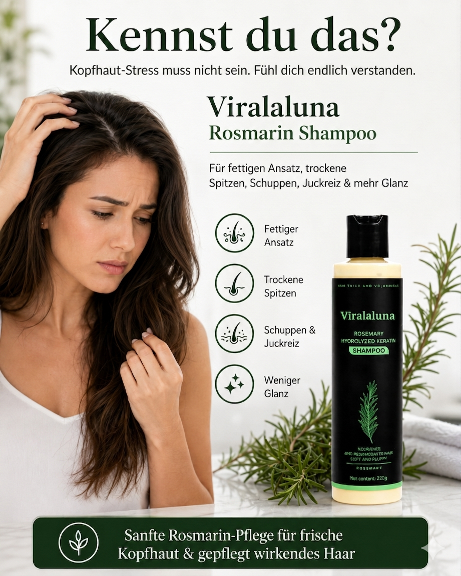 1+1 GRATIS | Viralaluna Rosmarin Shampoo für fettigen Ansatz, trockene Spitzen, Schuppen, Juckreiz & mehr Glanz