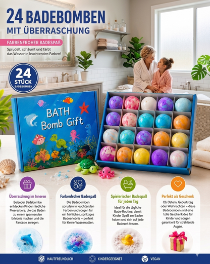 Badekugeln Kinder Set – 24 Badebomben mit Überraschung und Mega Schaum | Geschenkset für Kinder, Geburtstag & Feiertage