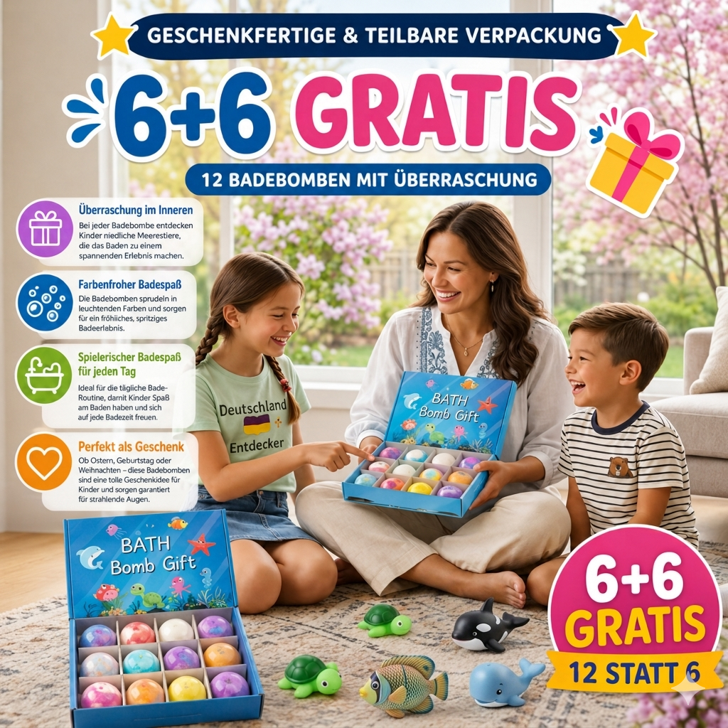 6+6 GRATIS | Badebomben für Kinder – 12 Sprudelnde Badekugeln mit Meerestier Überraschung