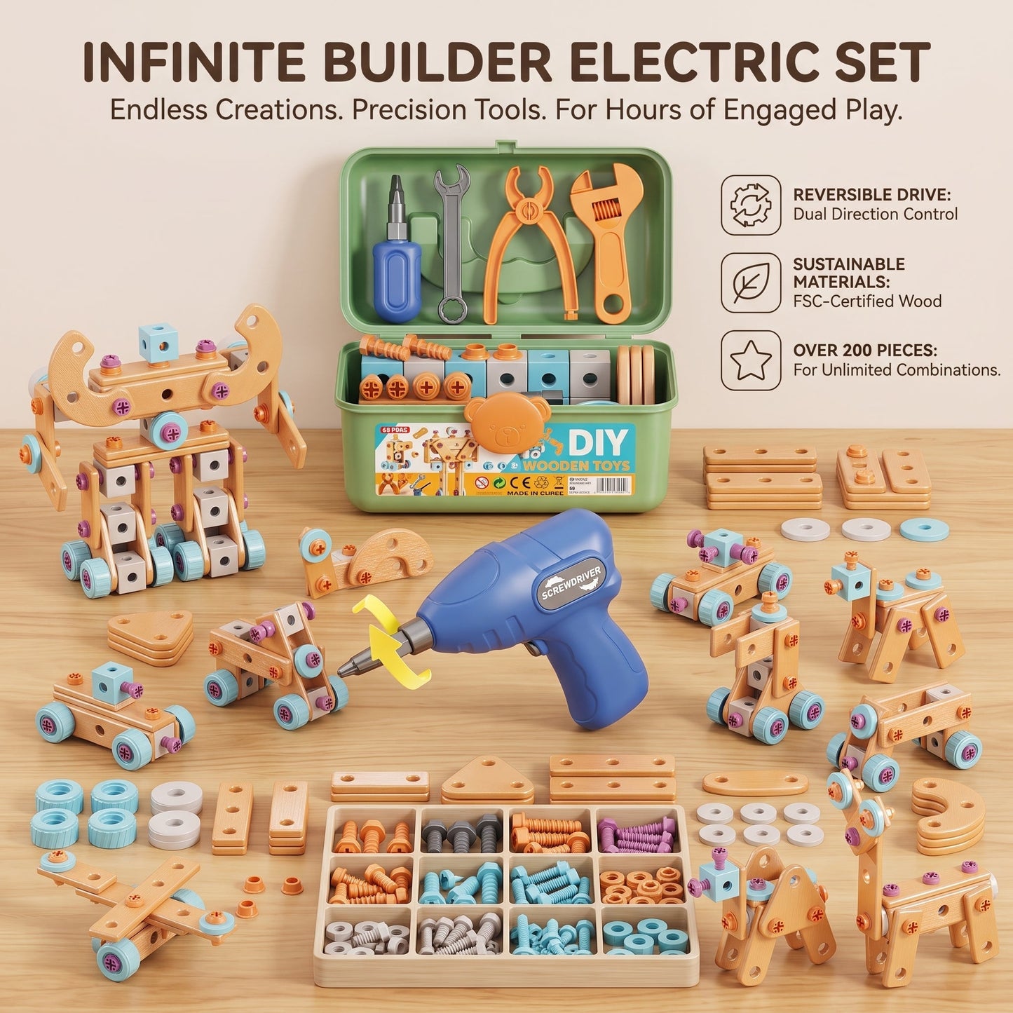 BuildiPro™ Kinder-Werkzeugkoffer – 126-teiliges DIY-Bauset mit Elektrobohrer